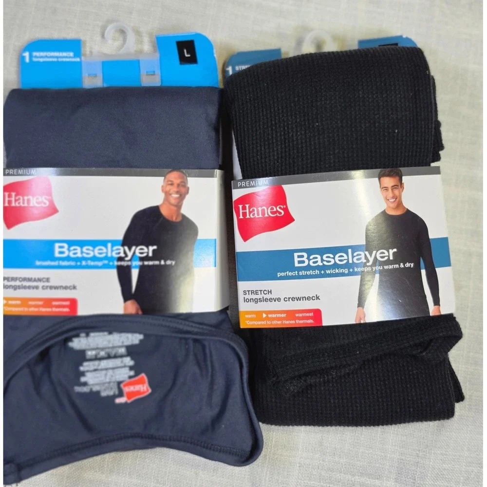Hanes Premium Baselayer Men Large 2 Pack Thermal Tops Navy Black Crewneck 9THTC1